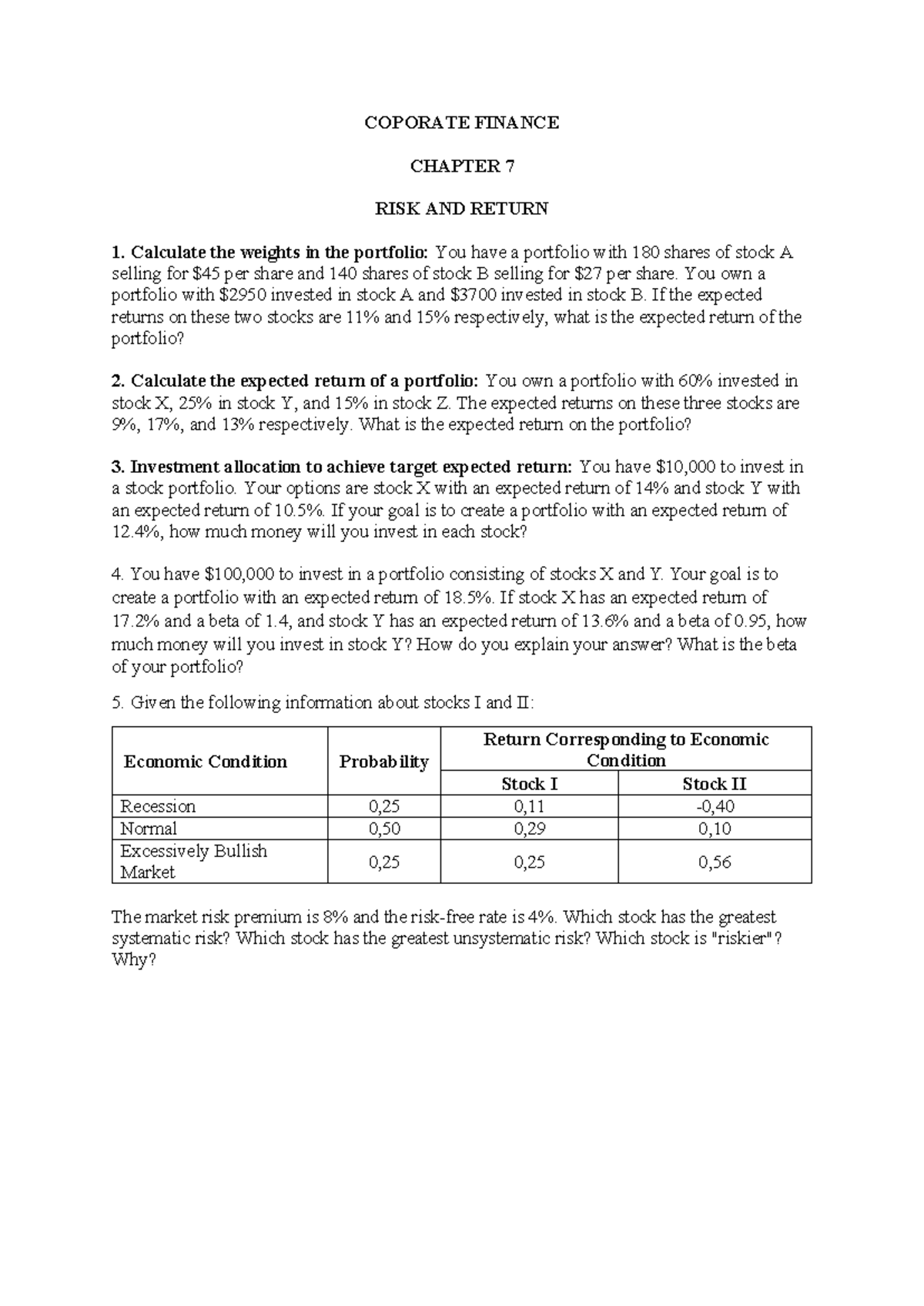 Coporate Finance Chaoter 7 Risk and Return - COPORATE FINANCE CHAPTER 7 ...