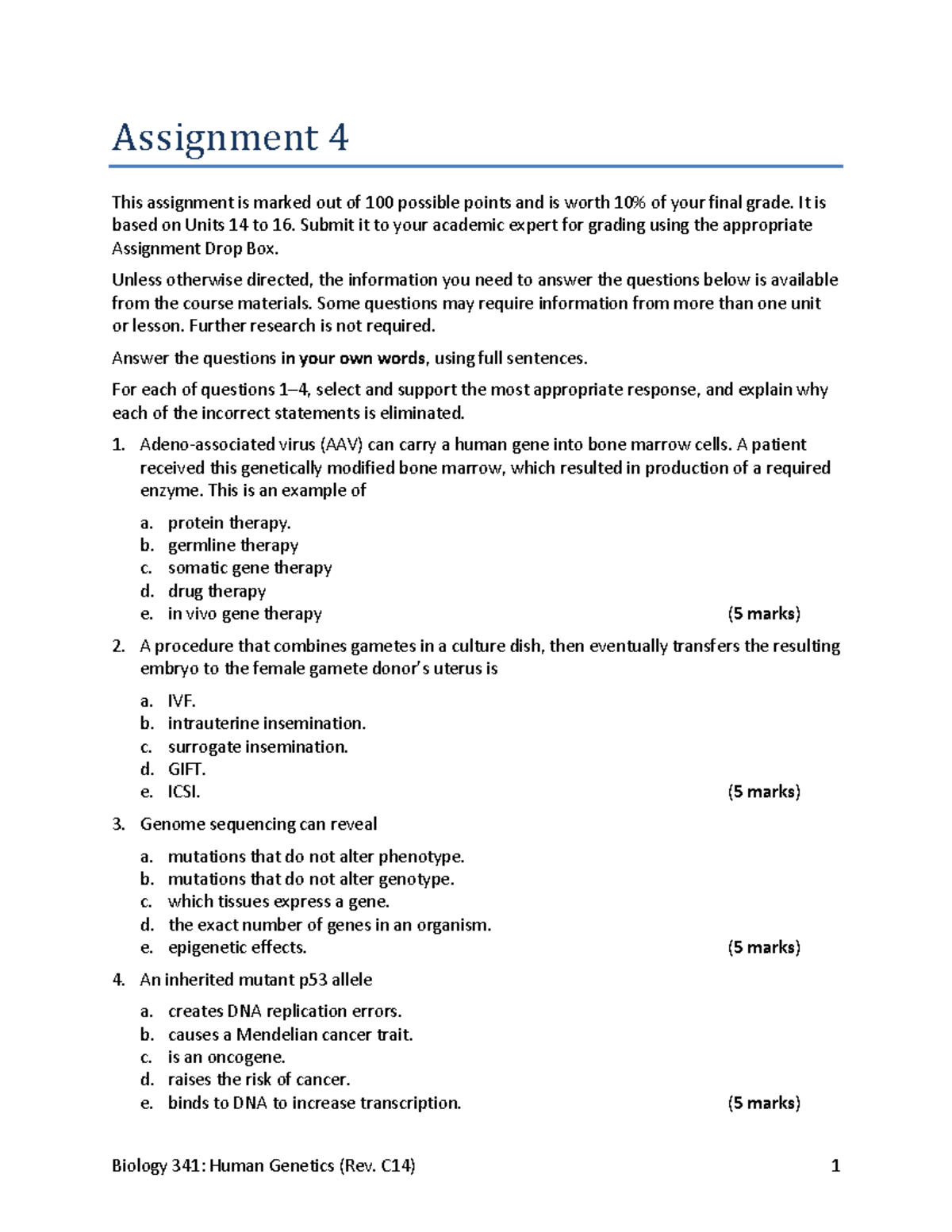 Biology 341: Assignment 4 - Human Genetics Overview and Questions - Studocu