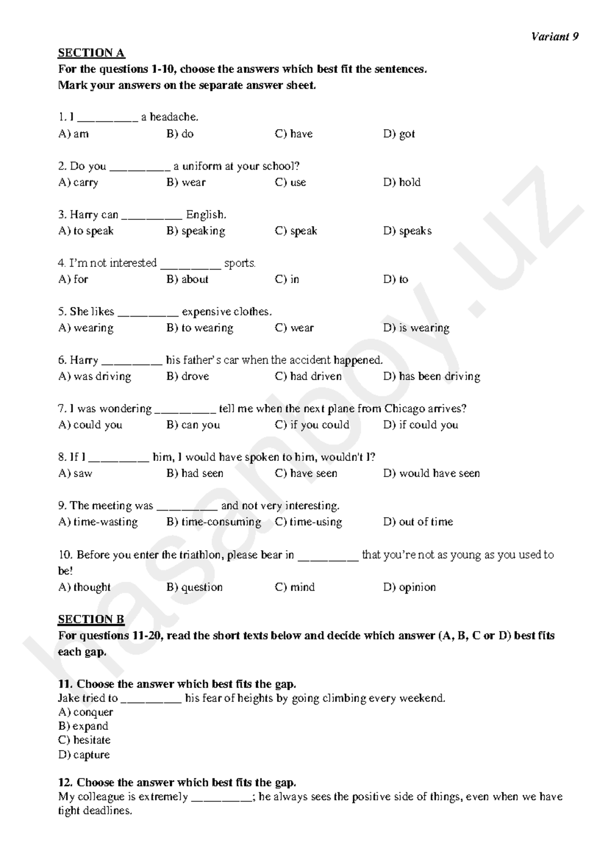 Variant 9: English Language Practice Questions and Answers - Studocu