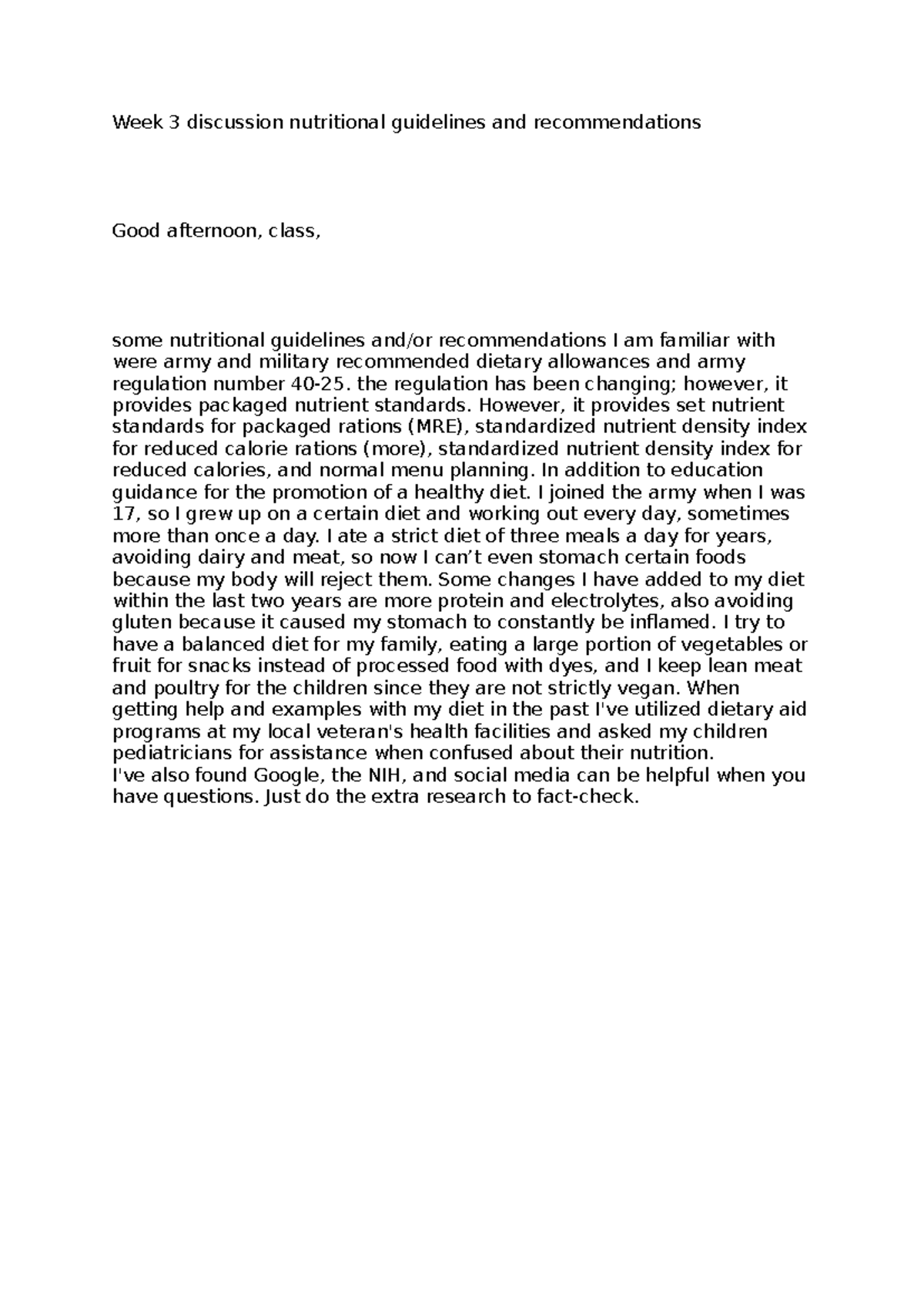 NUTR 101: Week 3 Discussion on Nutritional Guidelines & Recommendations ...