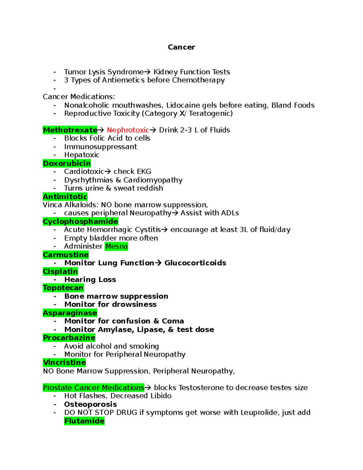 Week 8 Notes: Cancer Medications, Tests, and Side Effects Overview ...