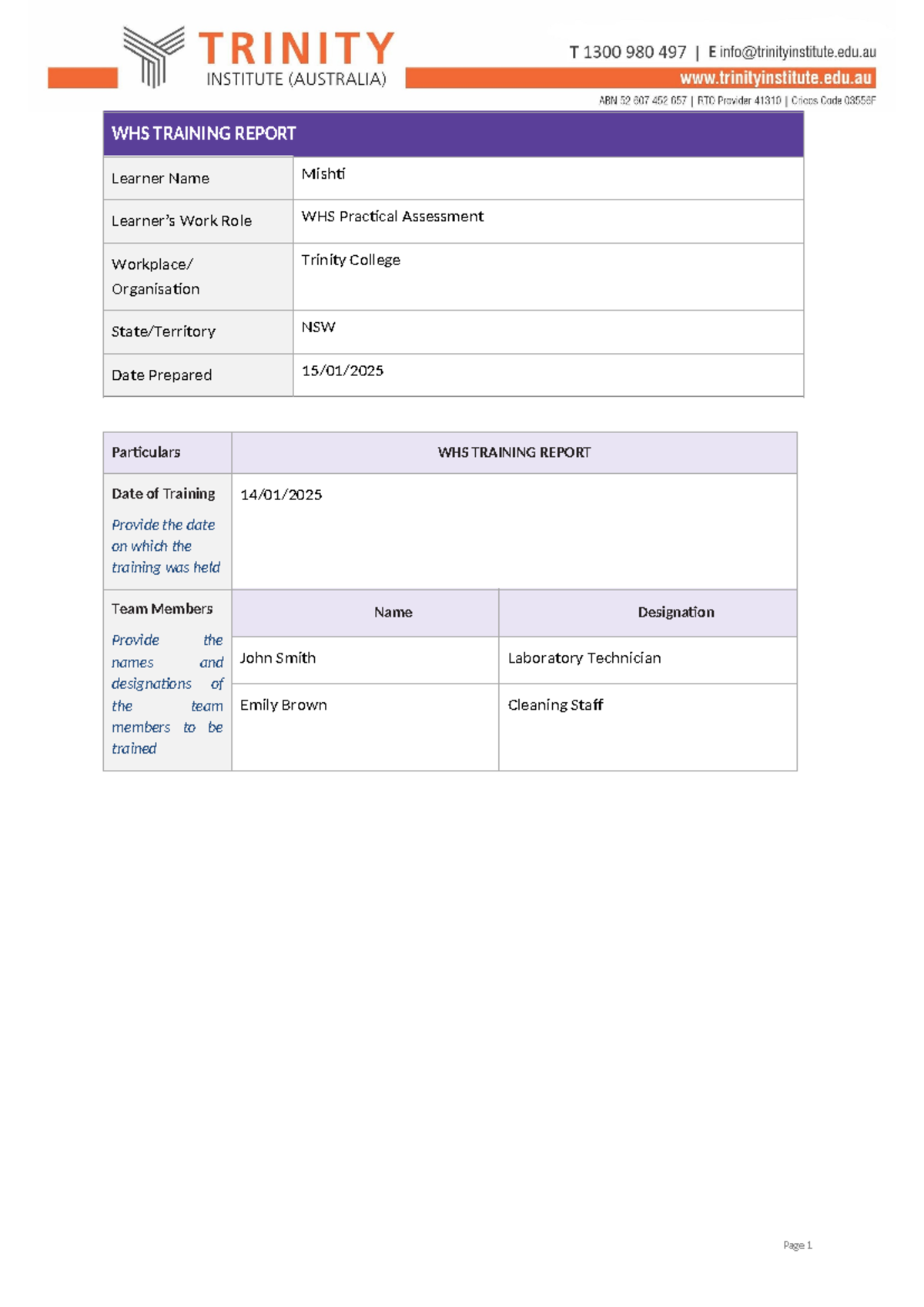 Sitxwhs 007-WHS-Training-Report-v1.0 - WHS TRAINING REPORT SAFE WORK ...