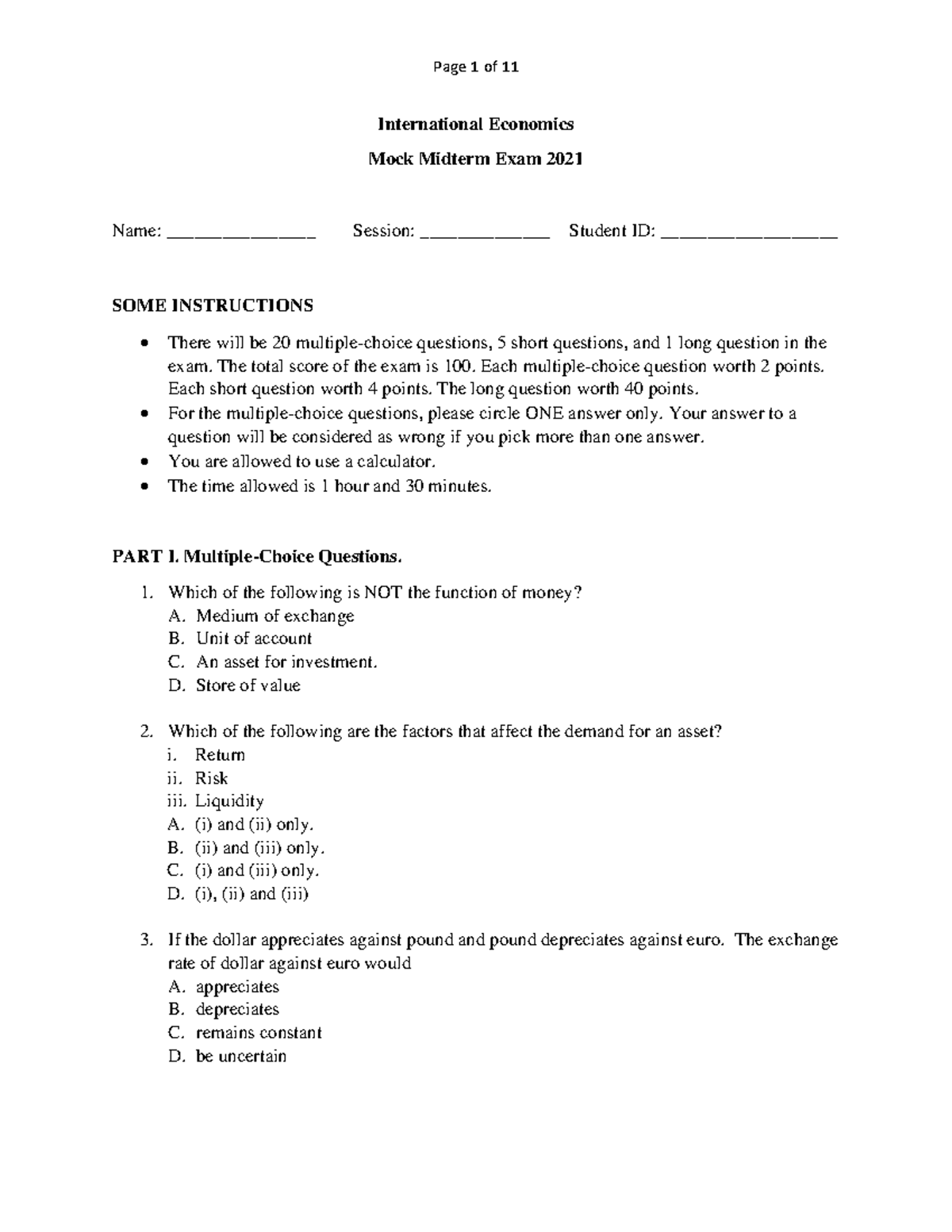 International Economics ECON 101 Mock Midterm Exam 2021 - Studocu