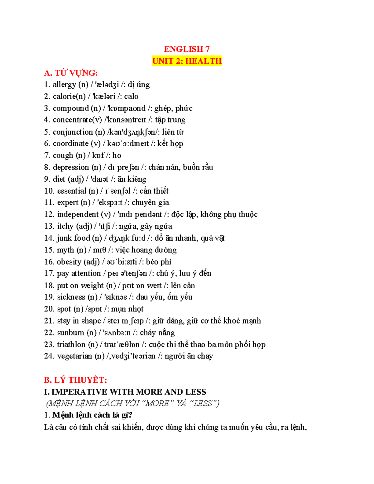 English 7 Unit 2 - Health Vocabulary and Grammar Exercises - Studocu