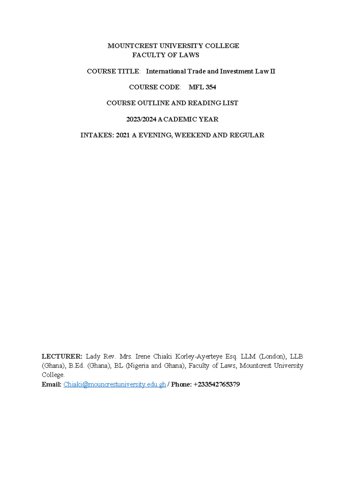 MFL 354: International Trade and Investment Law II Course Outline - Studocu