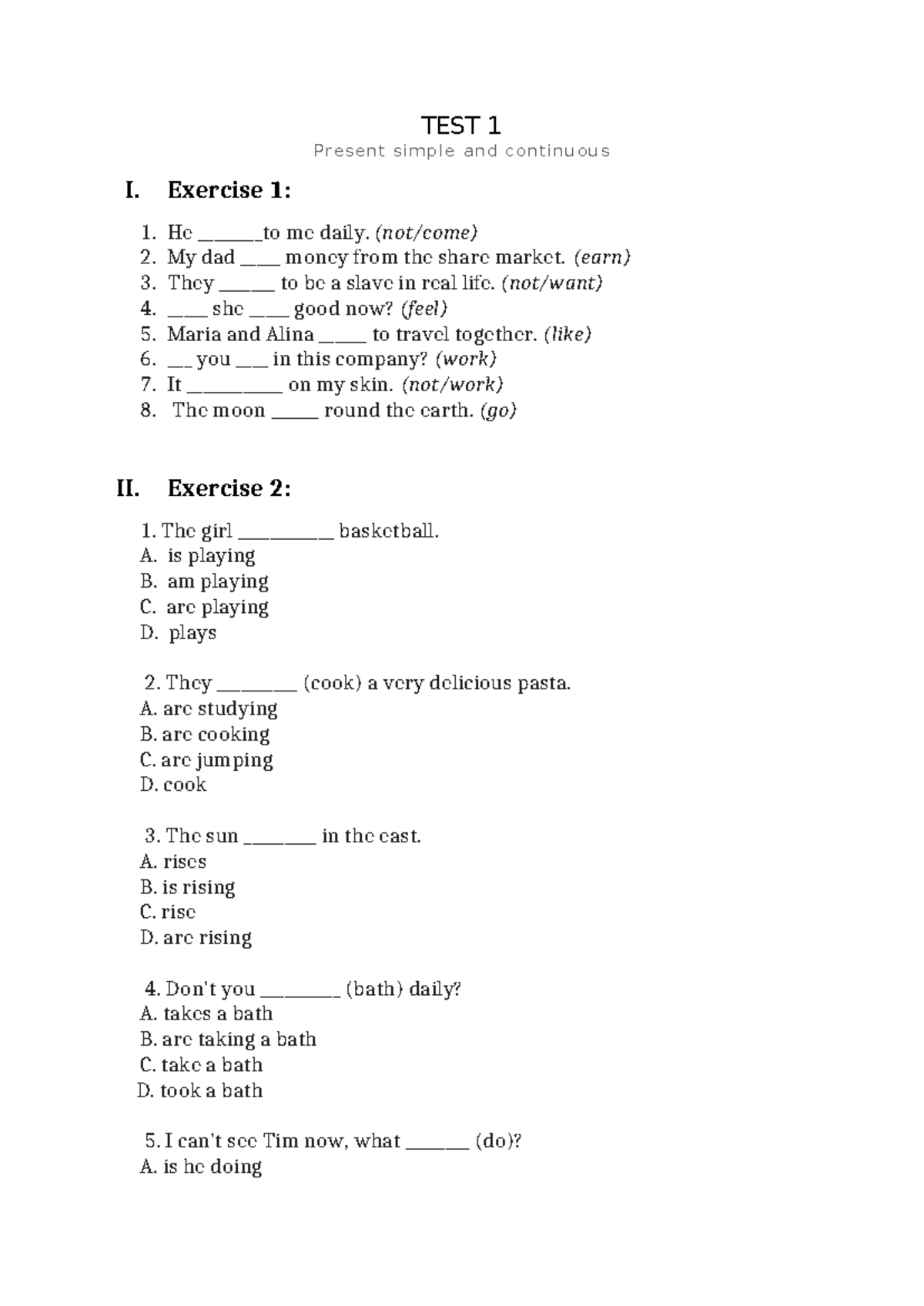 TEST 1 - Present Simple vs Continuous Exercises - Studocu