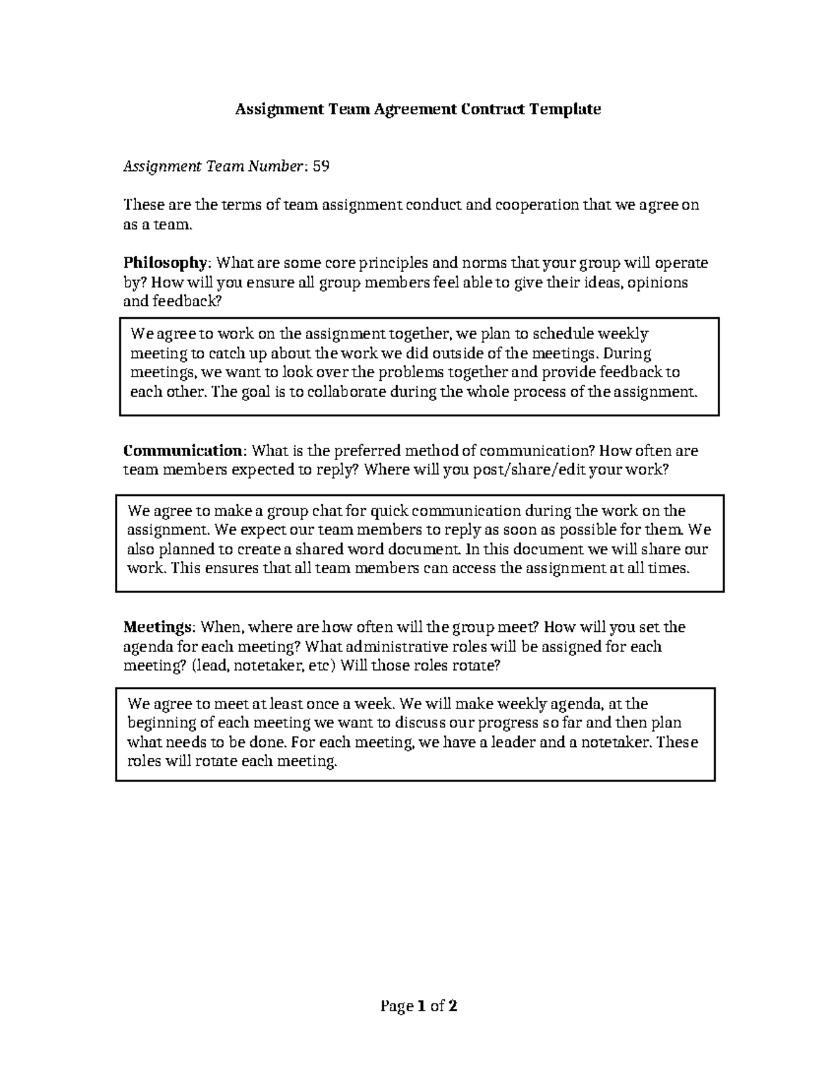 1ZV50 Team Assignment Agreement Template for Collaboration - Studeersnel