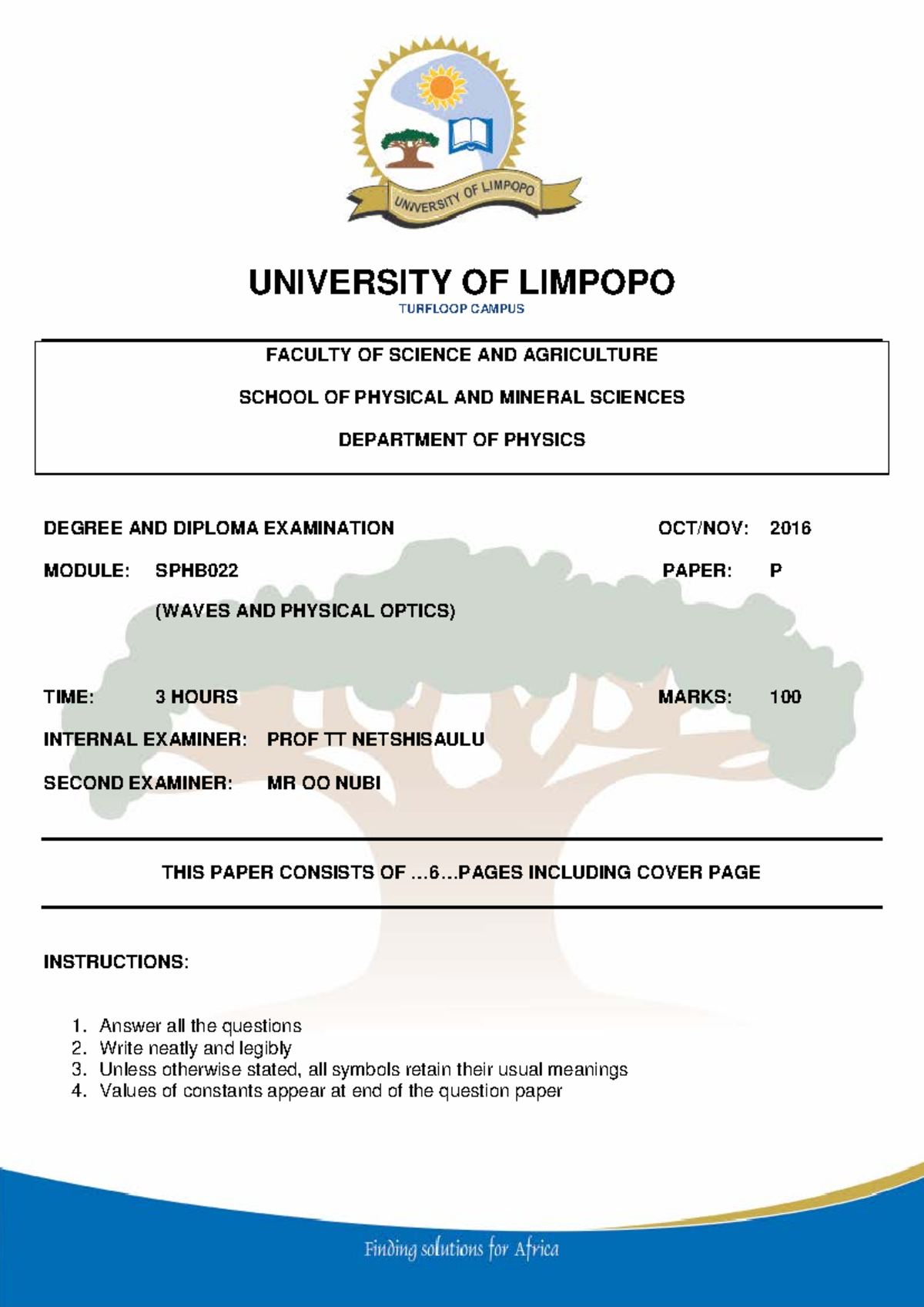 SPHB022 Final Exam 2016 - Waves and Physical Optics Question Paper ...
