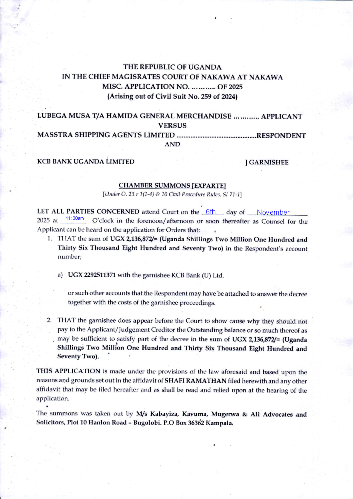 MISC. APPLICATION NO. OF 2025: Lubega Musa vs. Masstra Shipping Agents ...