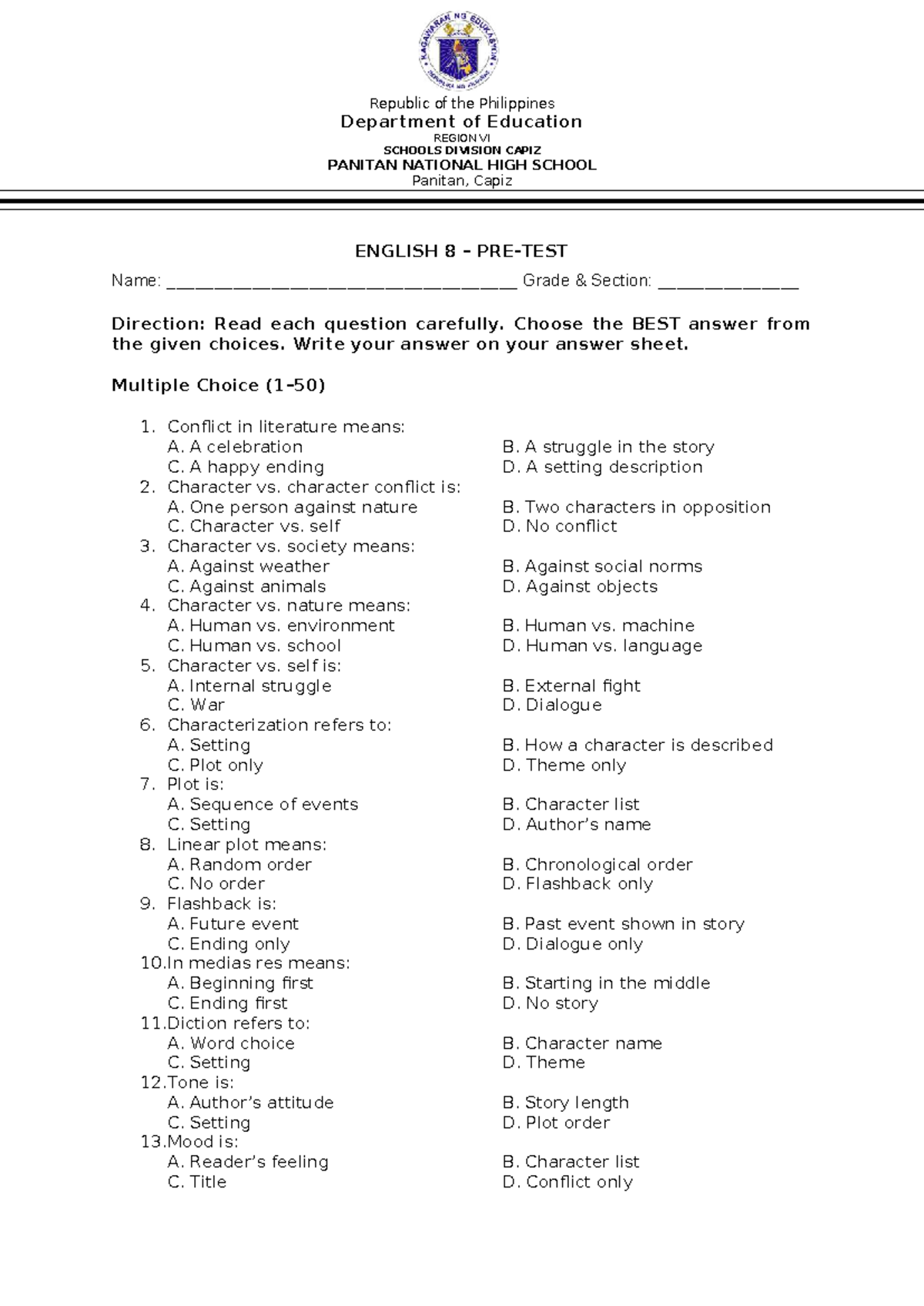 Diagnostic Quiz for English 8 (ENG8) - Multiple Choice Questions - Studocu