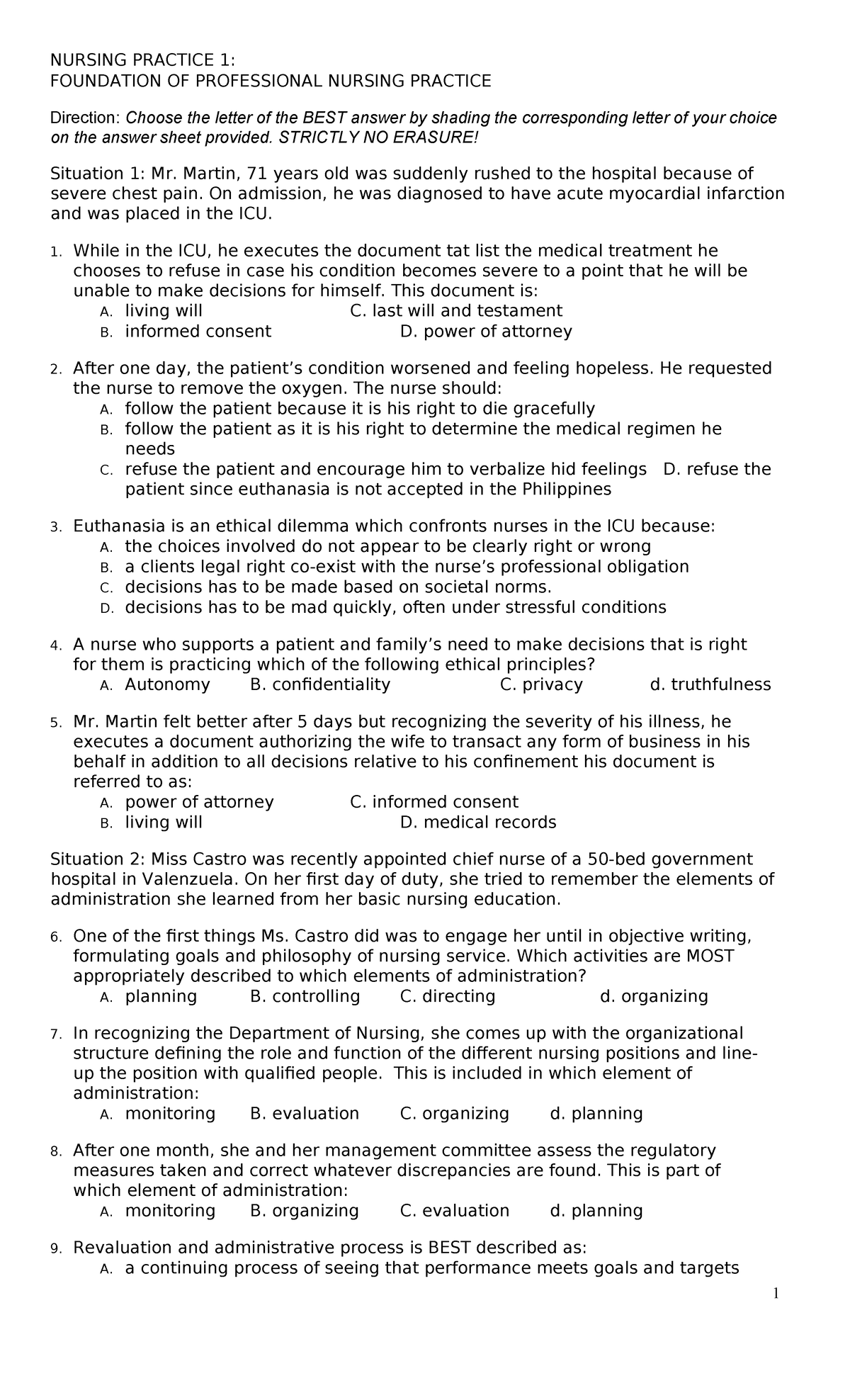NURSING PRACTICE 1: PROFESSIONAL NURSING EXAM REVIEW QUESTIONS - Studocu