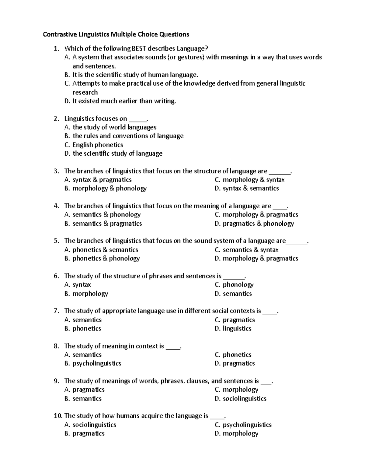 Contrastive Linguistics Multiple Choice Questions - Which of the ...