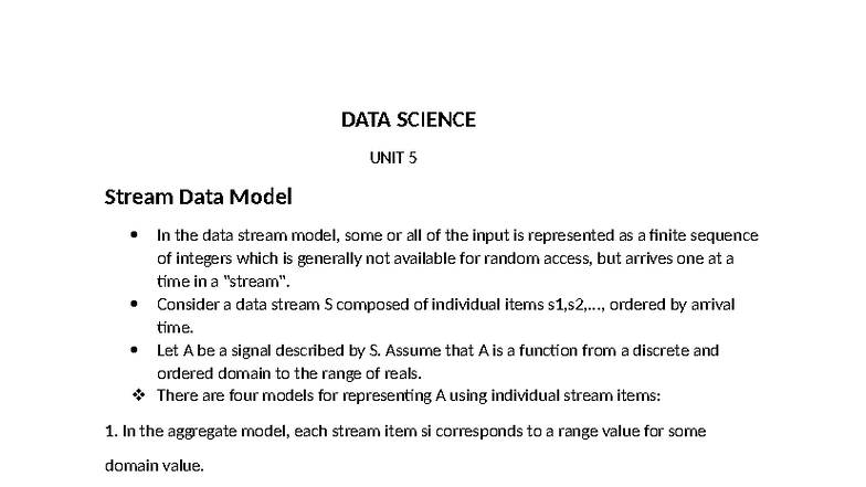 DATA SCIENCE UNIT 5: Stream Data Model and Architecture Notes - Studocu