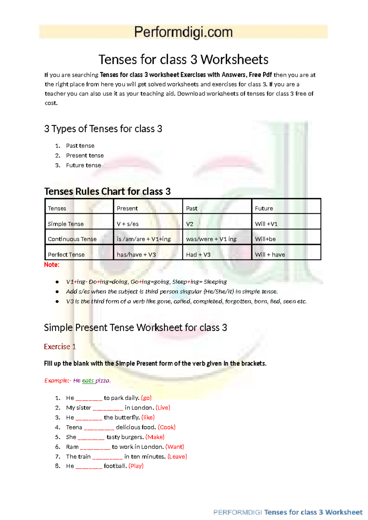 Tenses Worksheet Exercises for Class 3 - Practice Assignment - Studocu