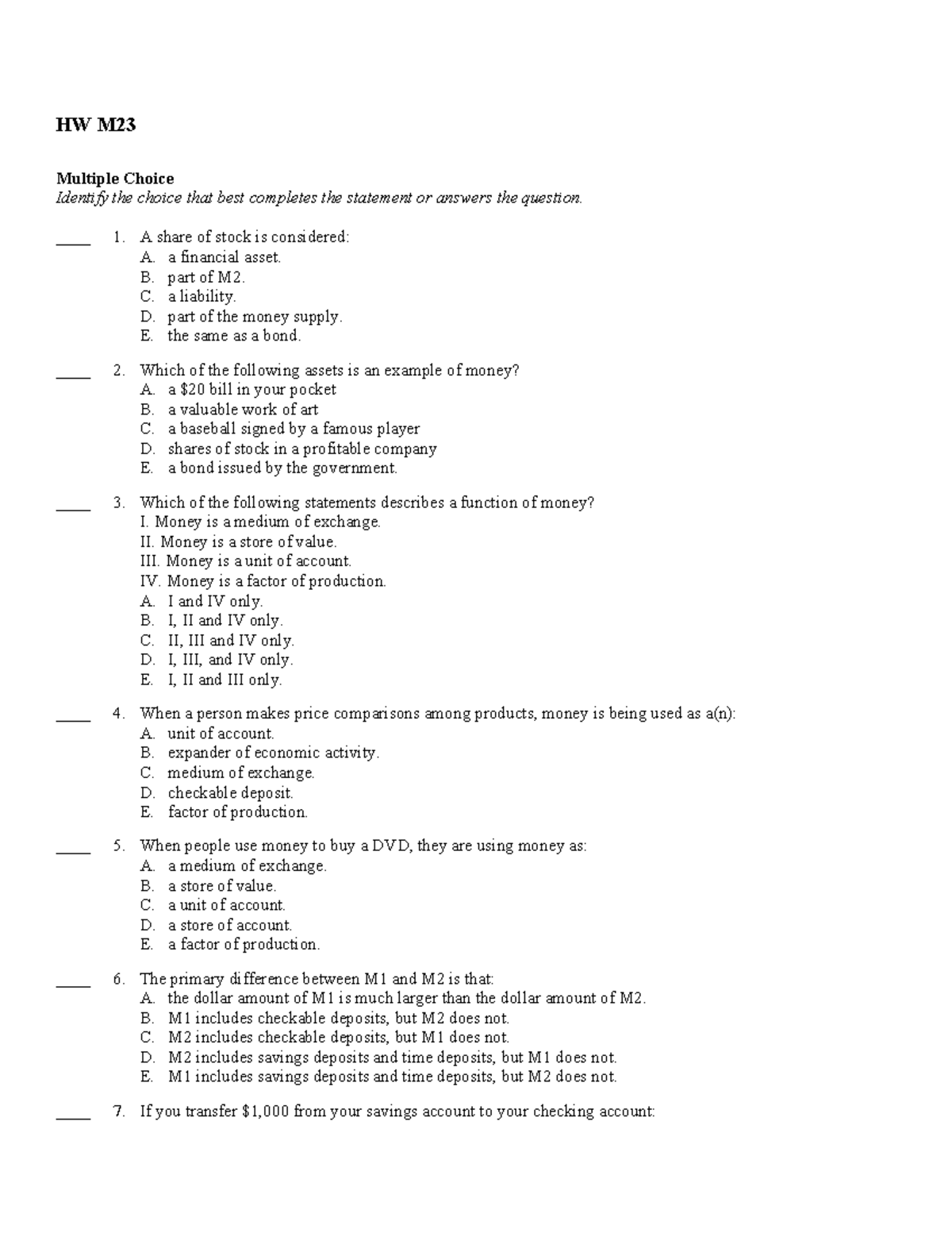 HW M23 - Macroeconomics Practice Multiple Choice Questions - Studocu