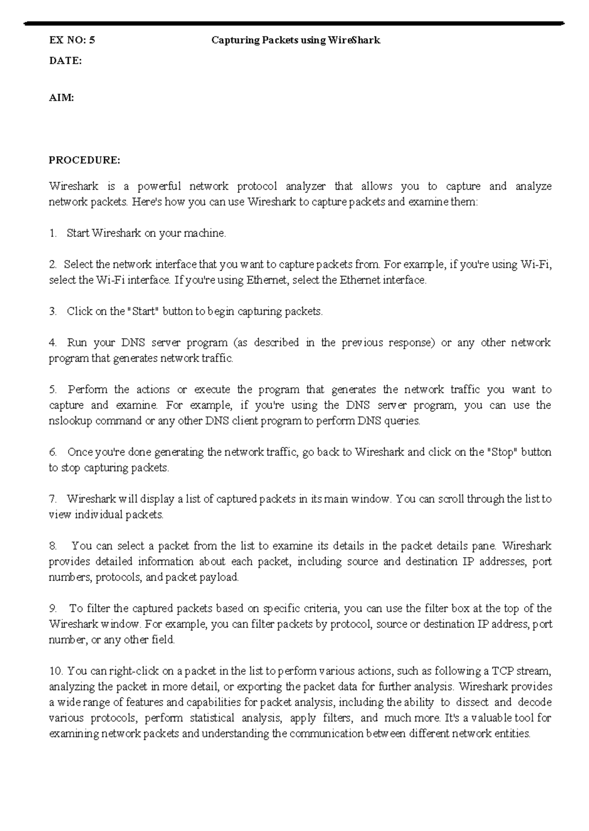 EX NO: 5 Wireshark Packet Capture Procedure and Analysis - Studocu