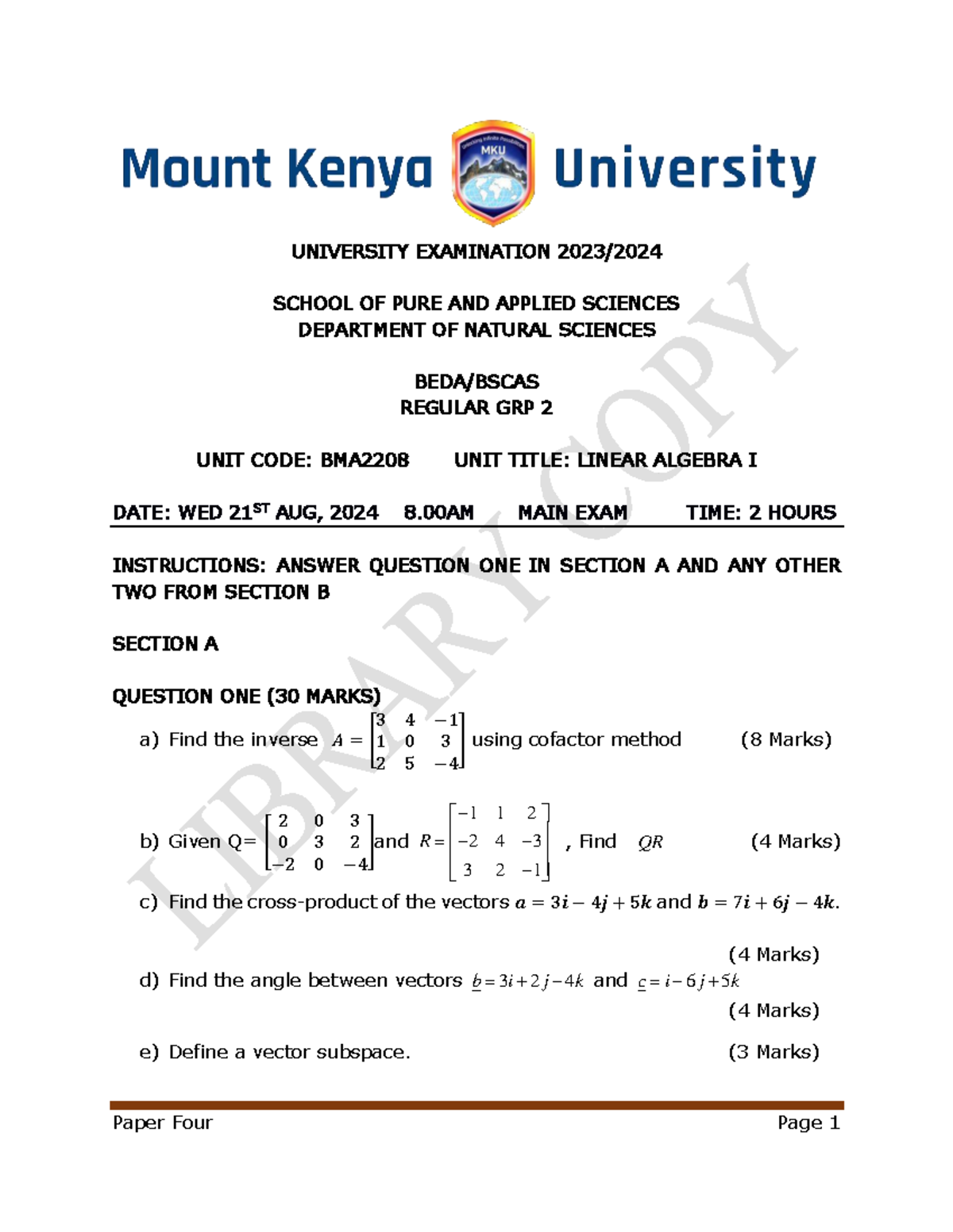 BMA2208 Linear Algebra I Final Exam REGULAR GRP 2 - Aug 21, 2024 - Studocu