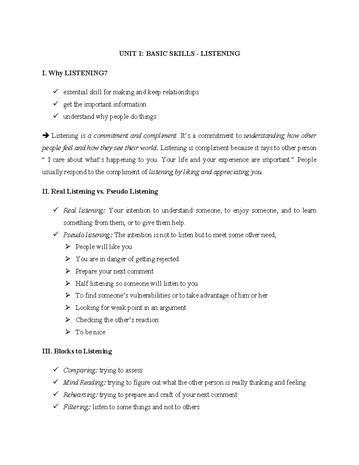 Communication Skills - UNIT 1 ( Listening) - UNIT 1: BASIC SKILLS ...