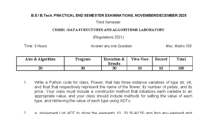 CD3281 DATA STRUCTURES & ALGORITHMS LAB SET 1 - END SEM EXAM 2025 - Studocu