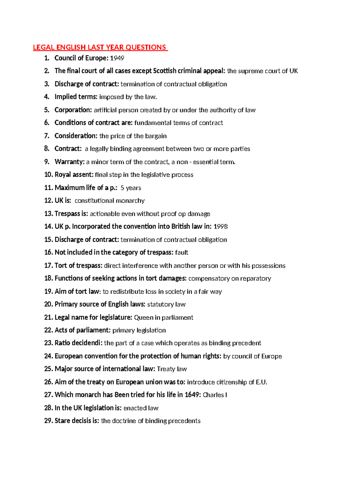 Legal English Last Year Questions - Exam Review Guide - Studocu