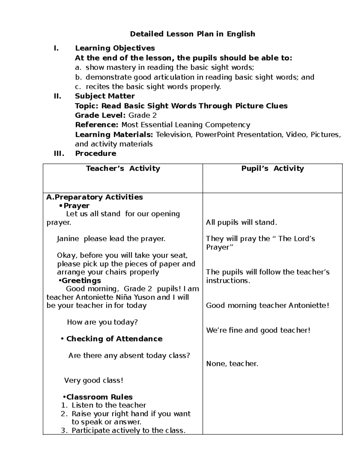 DLP: Detailed Lesson Plan for English I - Reading Basic Sight Words ...