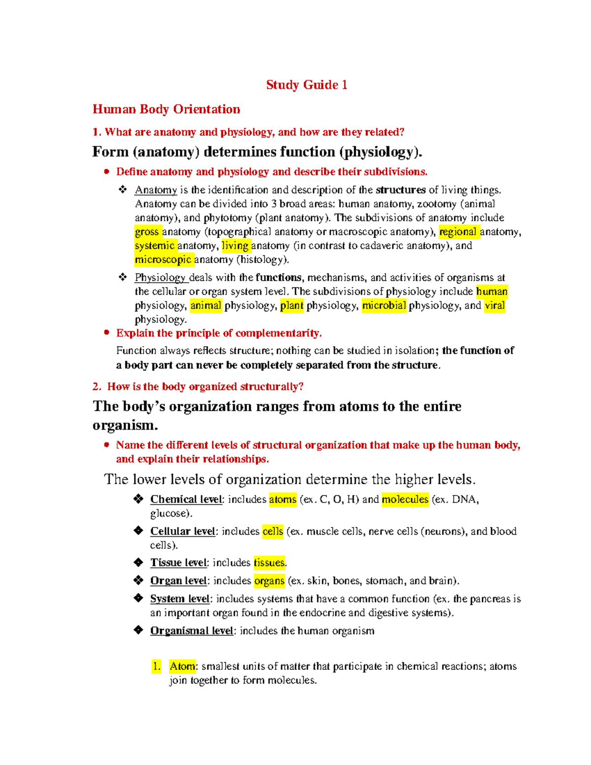 BIO 221 Exam 1 Comprehensive Study Guide on Human Anatomy & Physiology ...