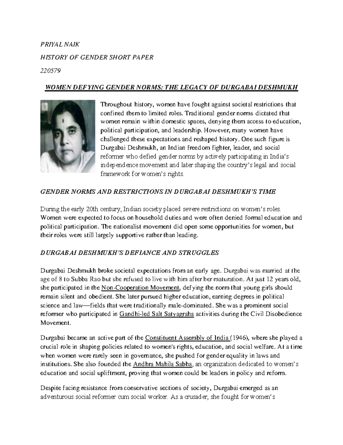 Gender paper - durgabai deshmukh achuevement - PRIYAL NAIK HISTORY OF ...