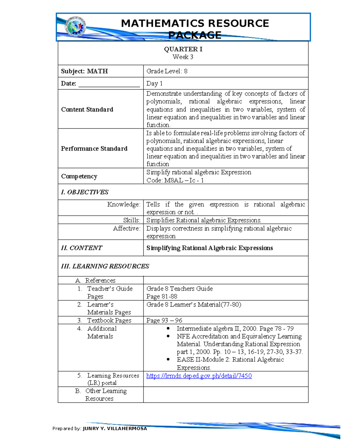 DLP-8 week 3 day 2 - PACKAGE QUARTER I Week 3 Subject: MATH Grade Level ...