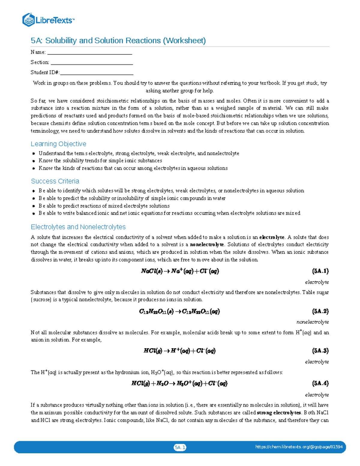 05A: Worksheet on Solubility and Solution Reactions (Chemistry) - Studocu