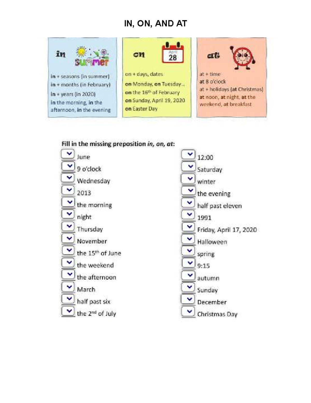 IN, ON, AND AT (TIME) - Prepositions Practice for English Learners ...
