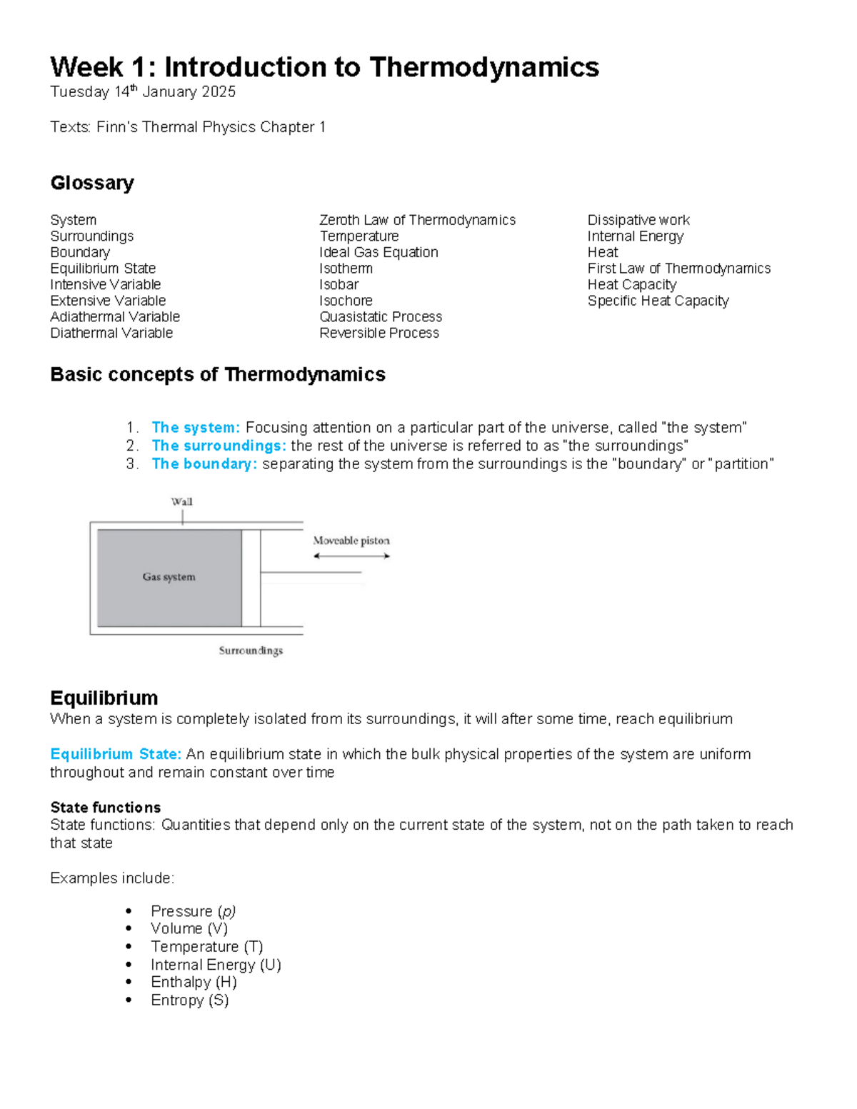 Week 1 Notes - .... - Week 1: Introduction to Thermodynamics Tuesday ...