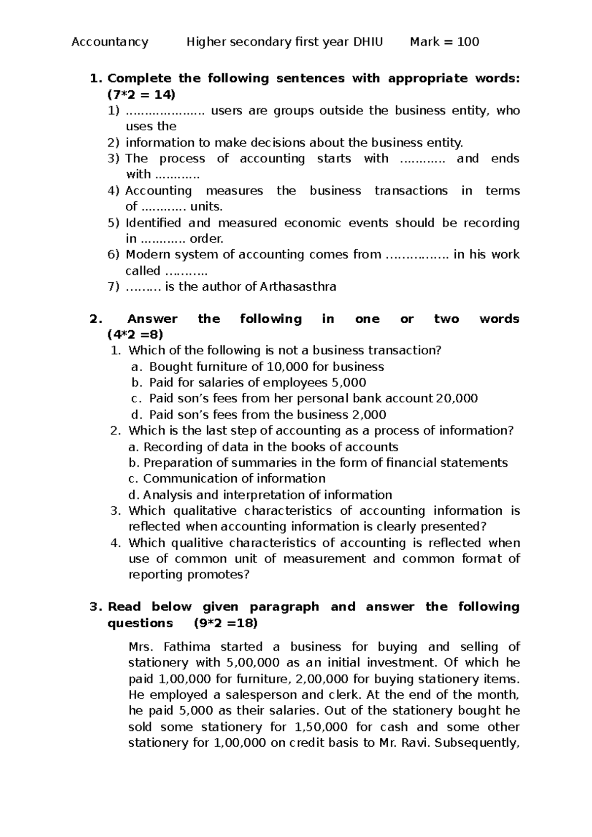 Accountancy Higher Secondary First Year DHIU Mark 100 Study Guide - Studocu