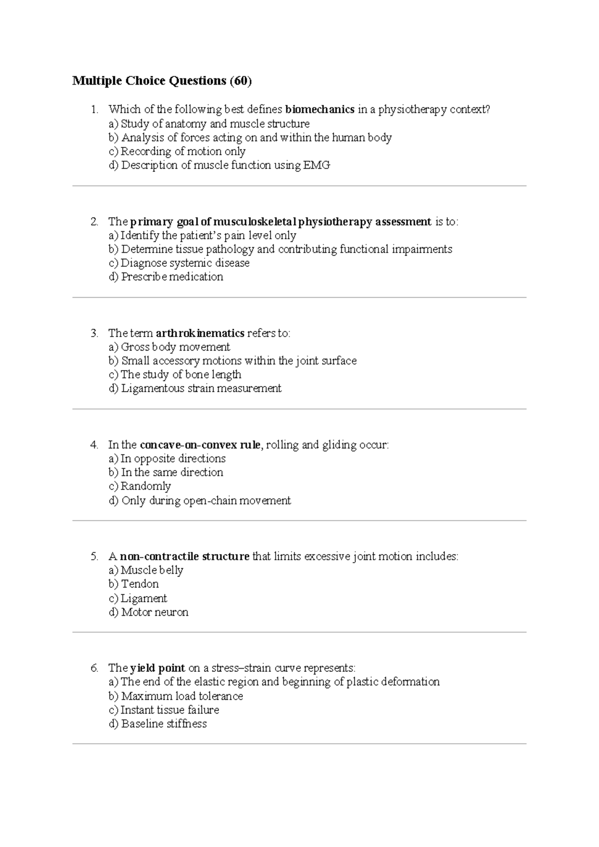 Test 3 - EOT Practice: MCQs & Short Answer Questions on Biomechanics ...