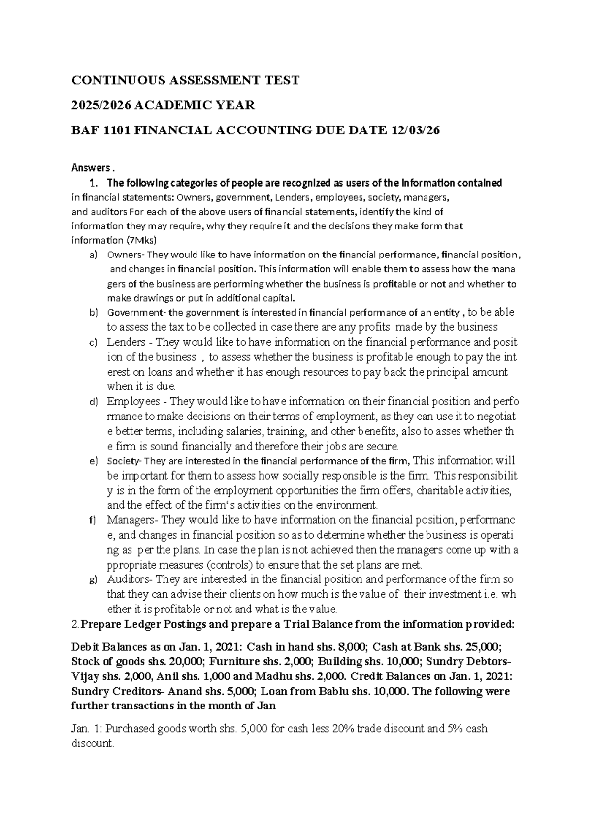 CAT 1 Response: Financial Accounting BAF 1101 Analysis and Ledger ...