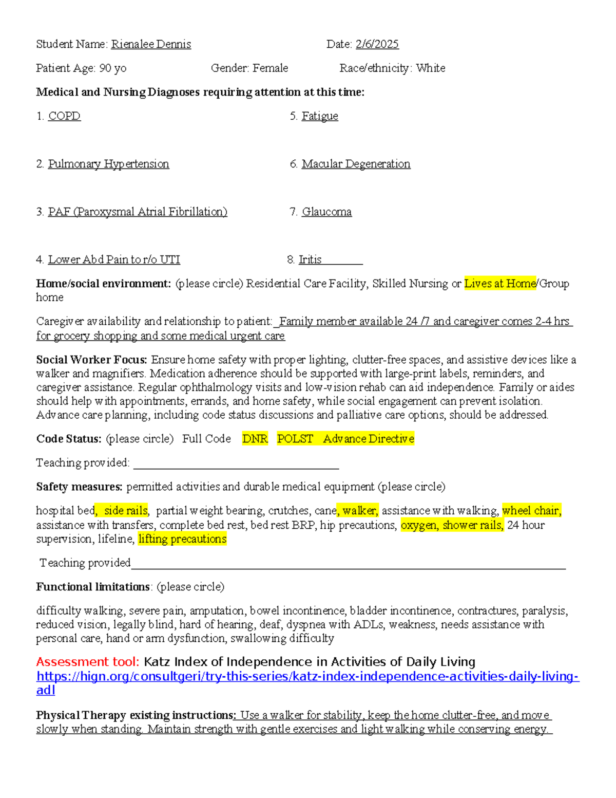 Comprehensive Geriatric Assessment 2022 - Student Name: Rienalee Dennis ...