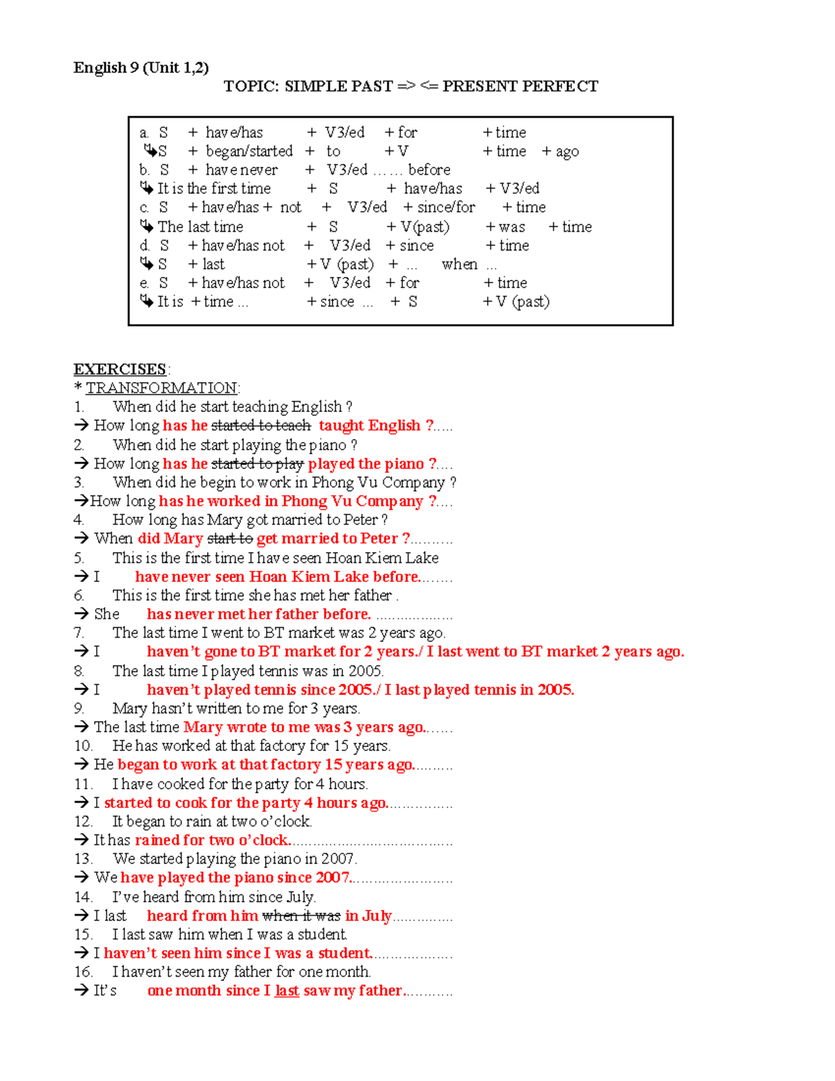 English 9 (Unit 1,2) Simple Past to Present Perfect Exercises - Studocu