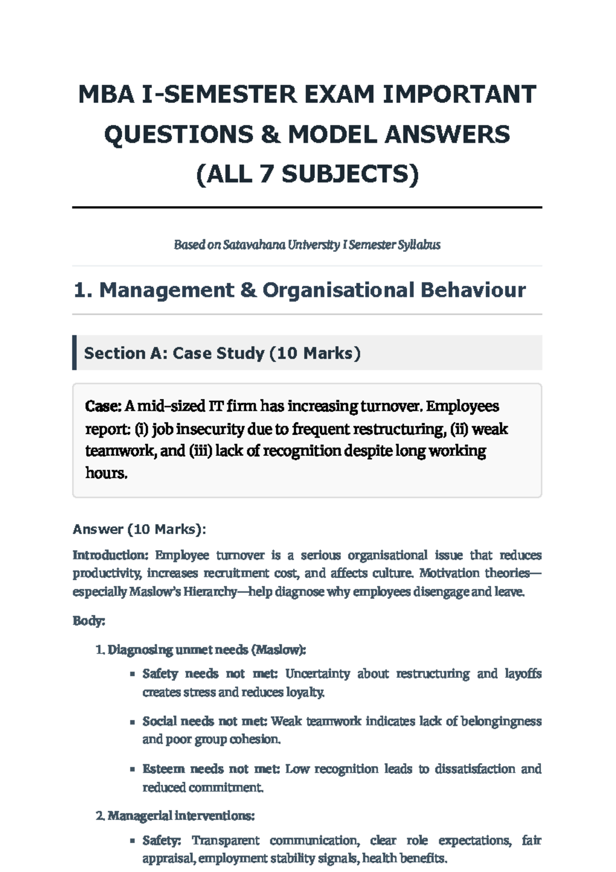 MBA I-Sem Exam Model Answers: Important Questions & Solutions - Studocu