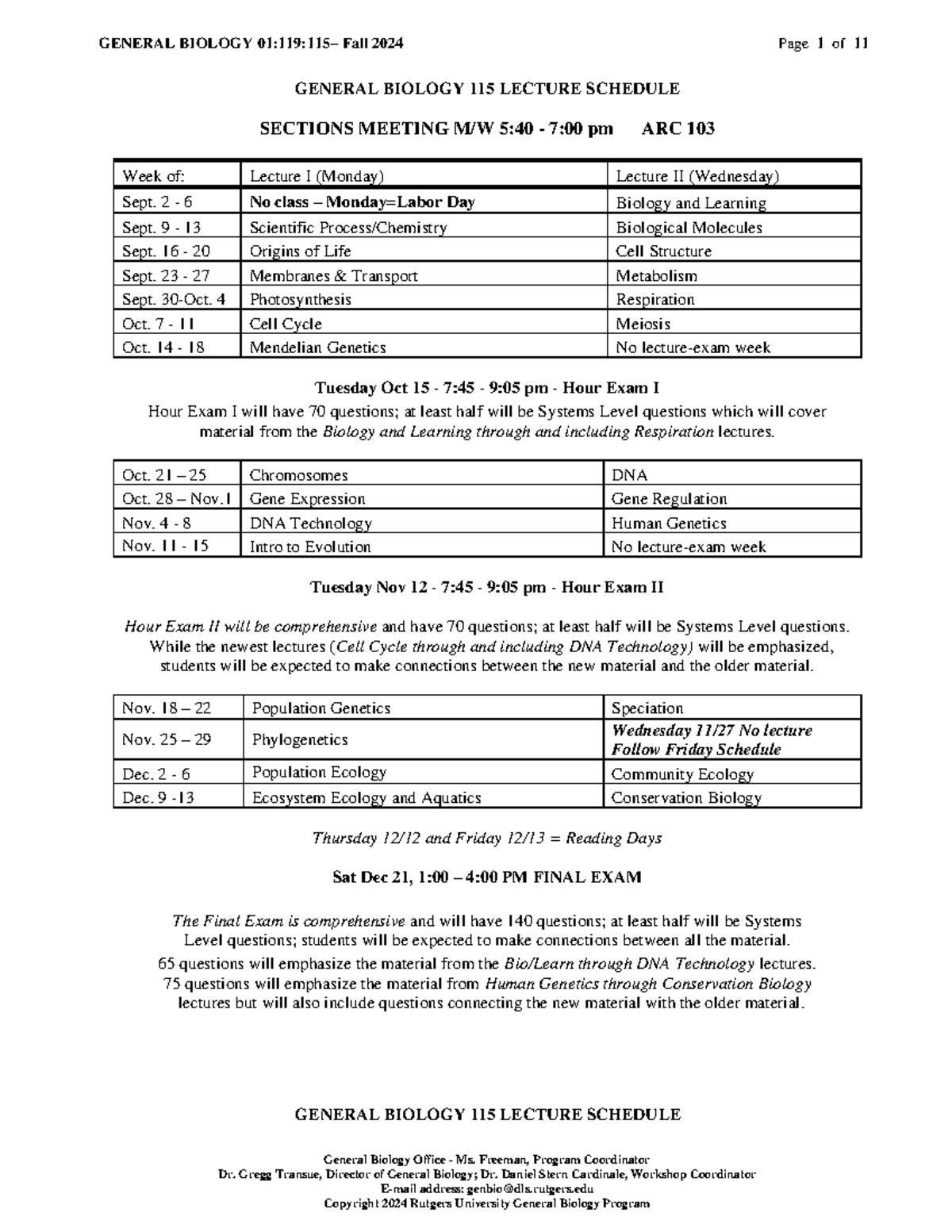 General Biology 115 Syllabus & Lecture Schedule - Fall 2024 - Studocu