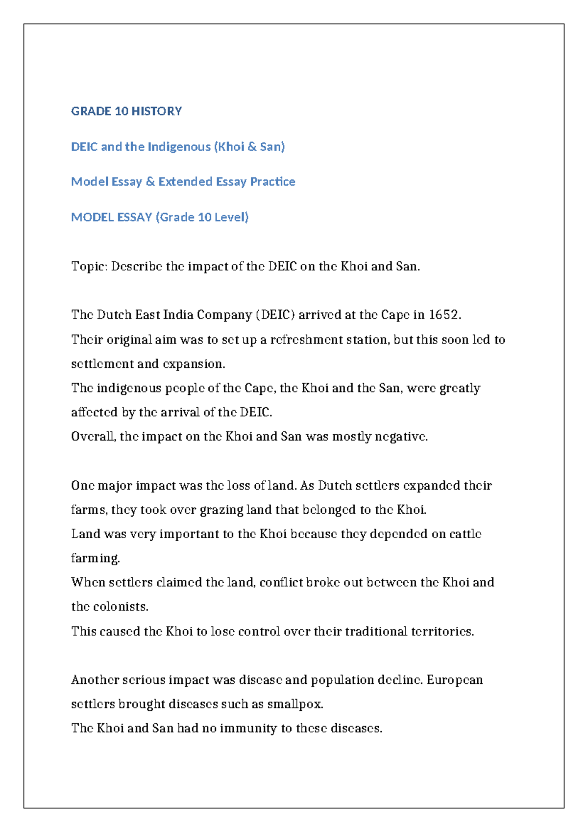 Grade 10 History: DEIC Impact on Khoi and San - Model Essay Practice ...