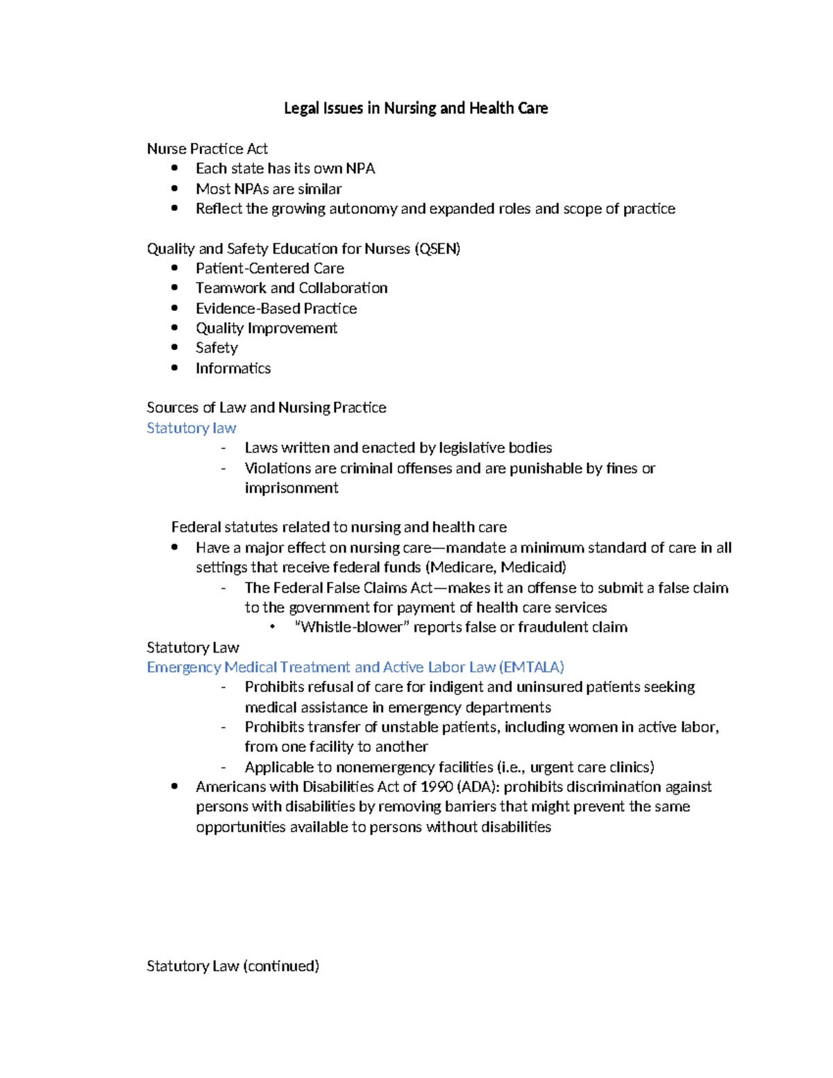 Exam 1 Study Guide - Legal and Ethical Issues in Nursing (Course Code ...