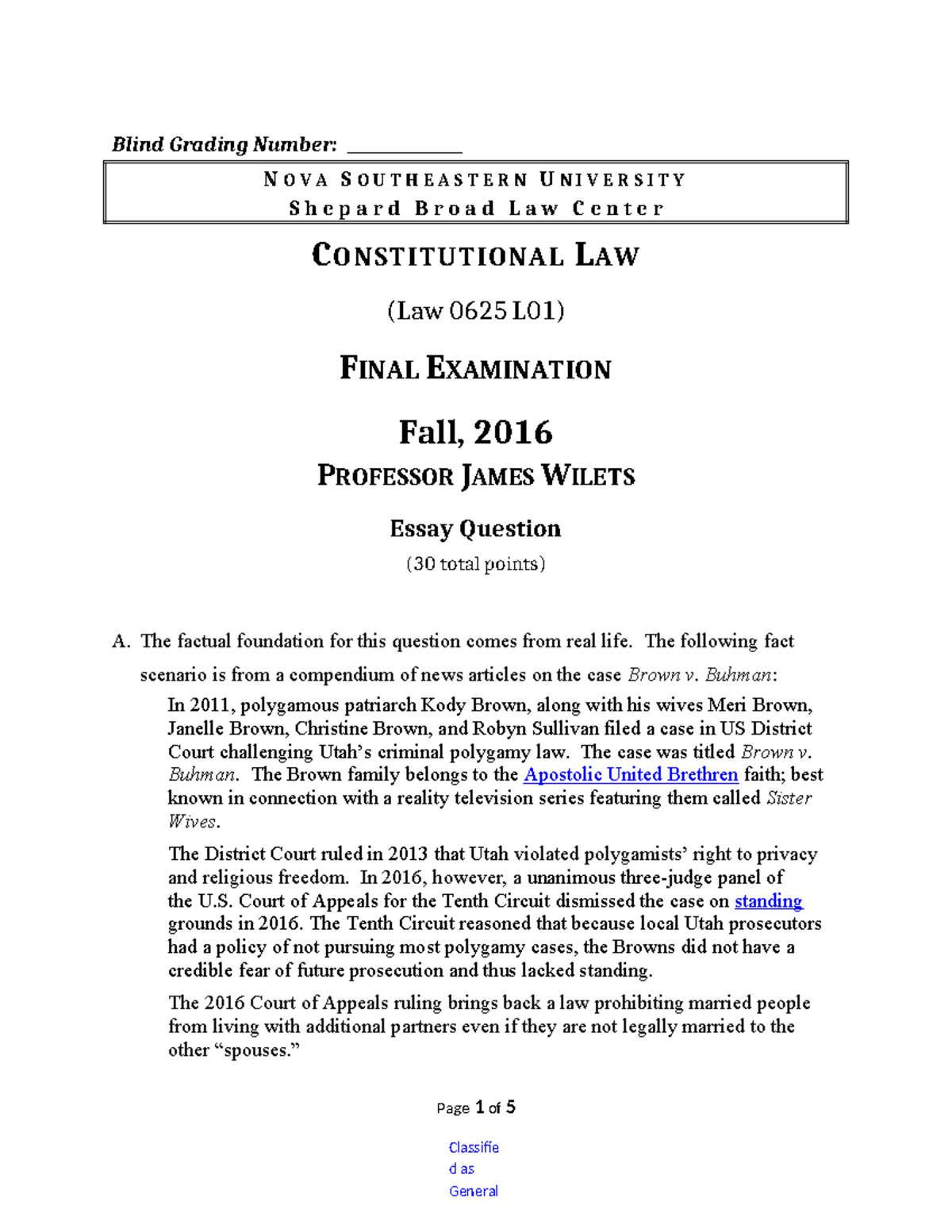 Constitutional Law Final Exam Questions - Law 0625 L01 - Fall 2016 ...