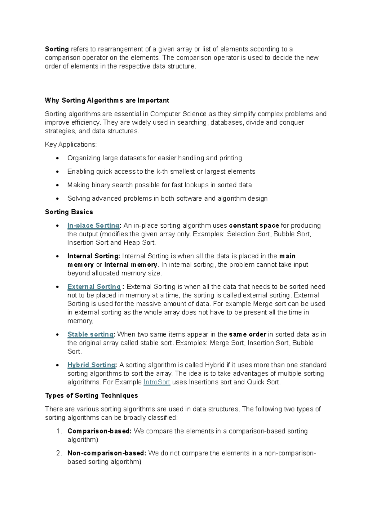 Sorting Algorithms: Importance, Types, and Techniques (CS101) - Studocu