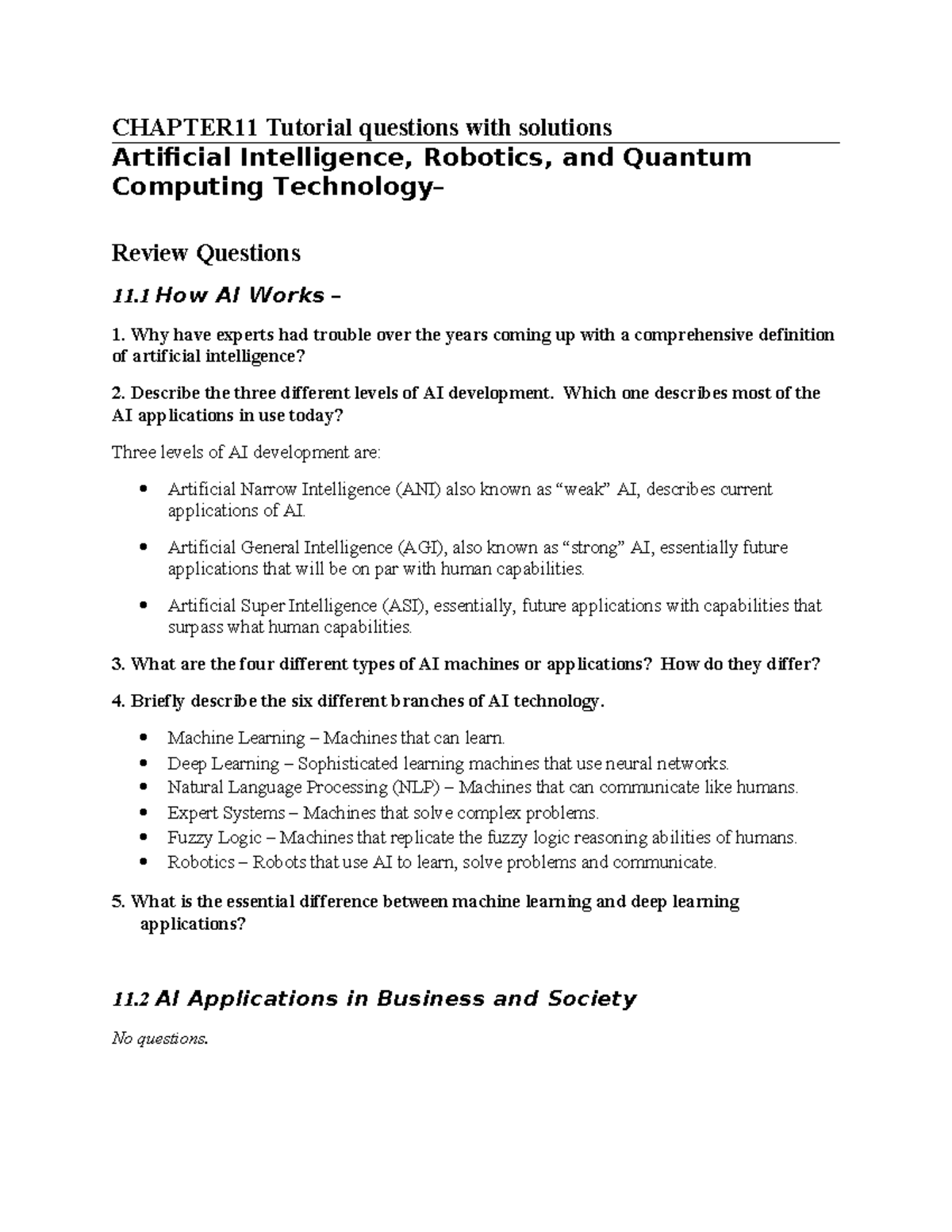 Chapter 11 Tutorial Questions & Solutions: AI, Robotics, & QC - Studocu