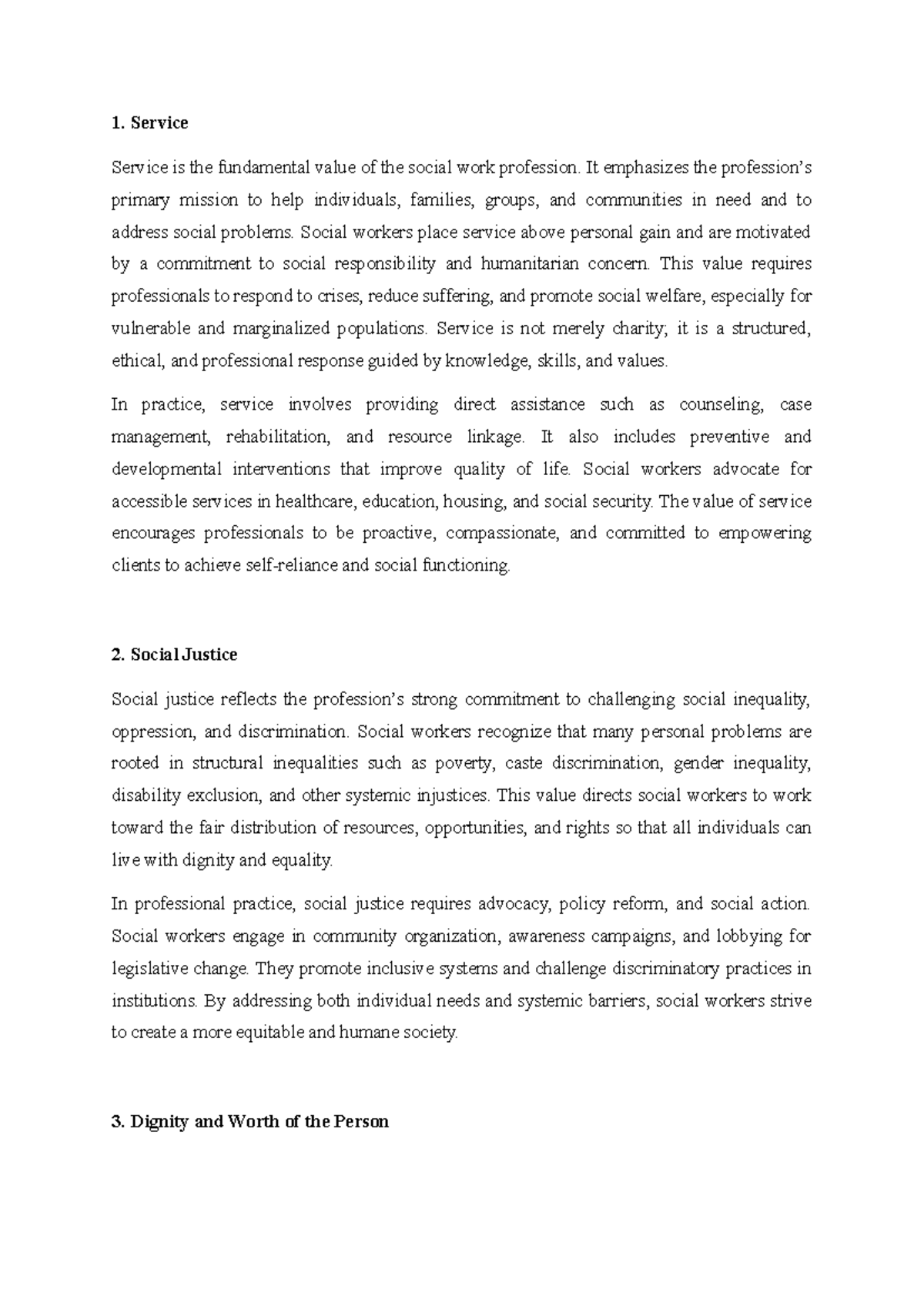 SW 101: Core Values in Social Work - Service, Justice, and Integrity ...