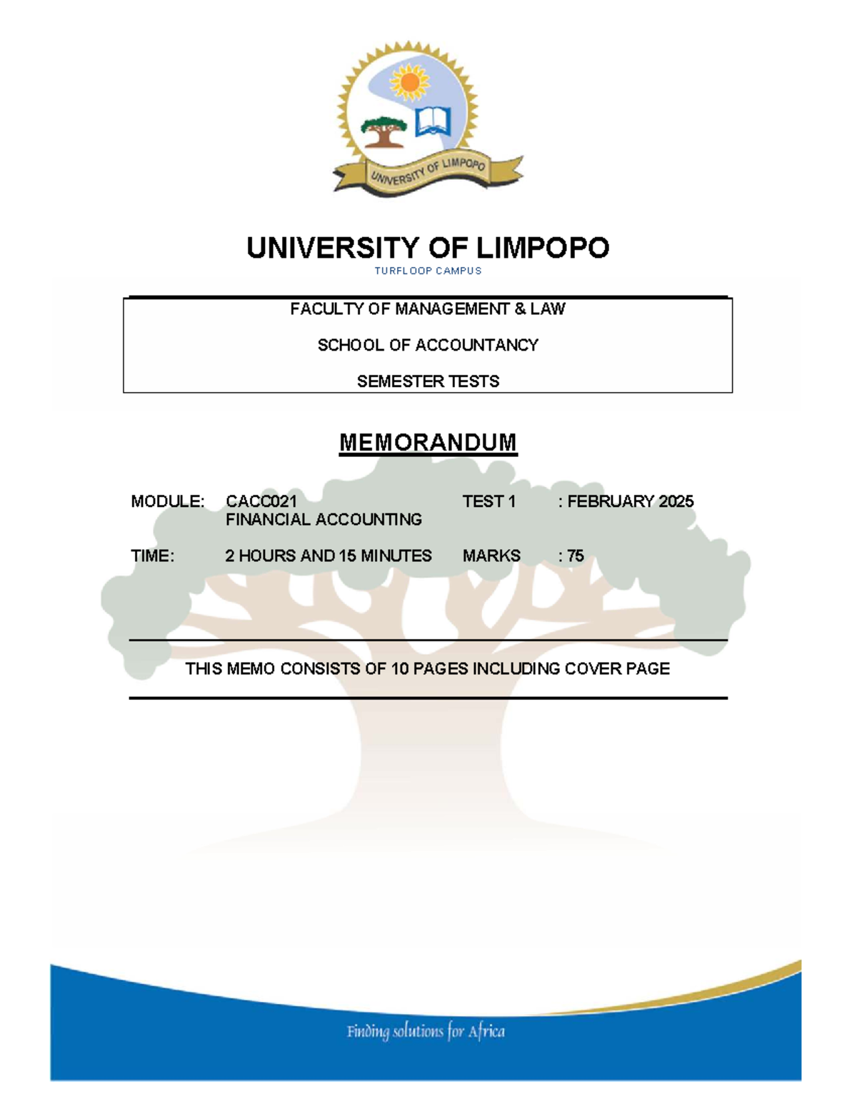 CACC021: TEST 1 MEMORANDUM - FINANCIAL ACCOUNTING SOLUTIONS 2025 - Studocu