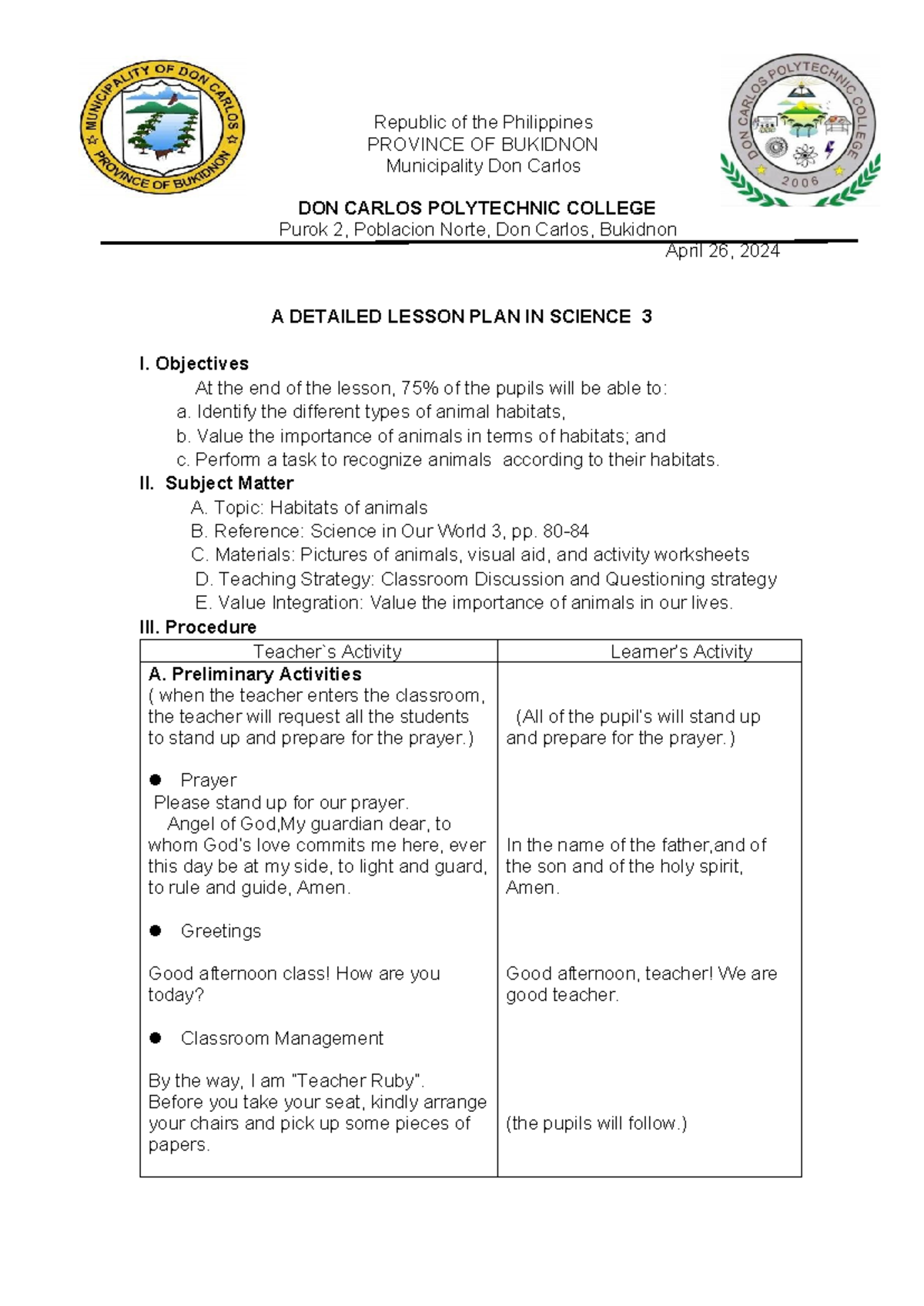 DLP in Science 3 - Lesson Plan on Animal Habitats - Studocu