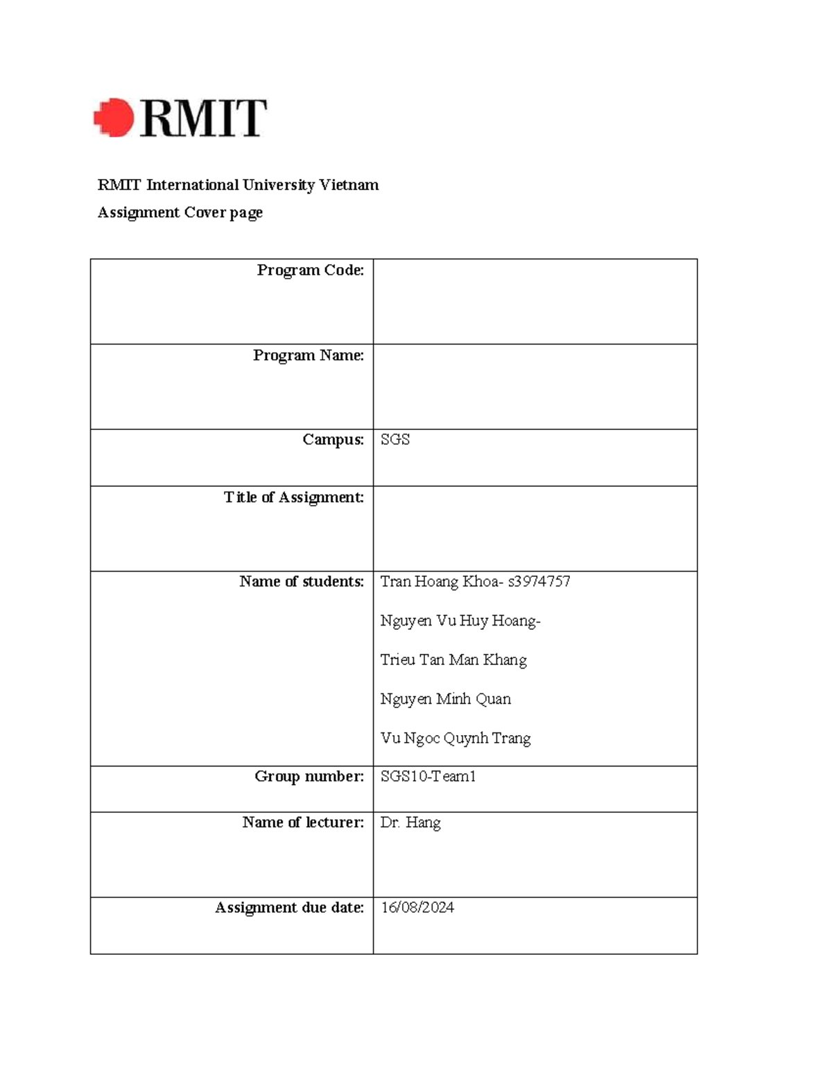 RMIT Vietnam Assignment Cover Page - Assignment No. 02 - Studocu