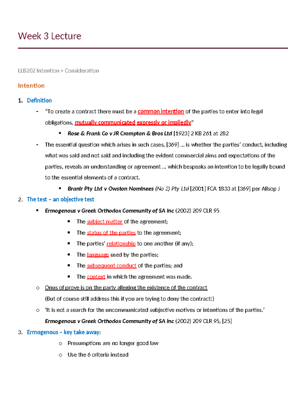 Week 3 Lecture Notes LLB202: Intention and Consideration in Contract ...