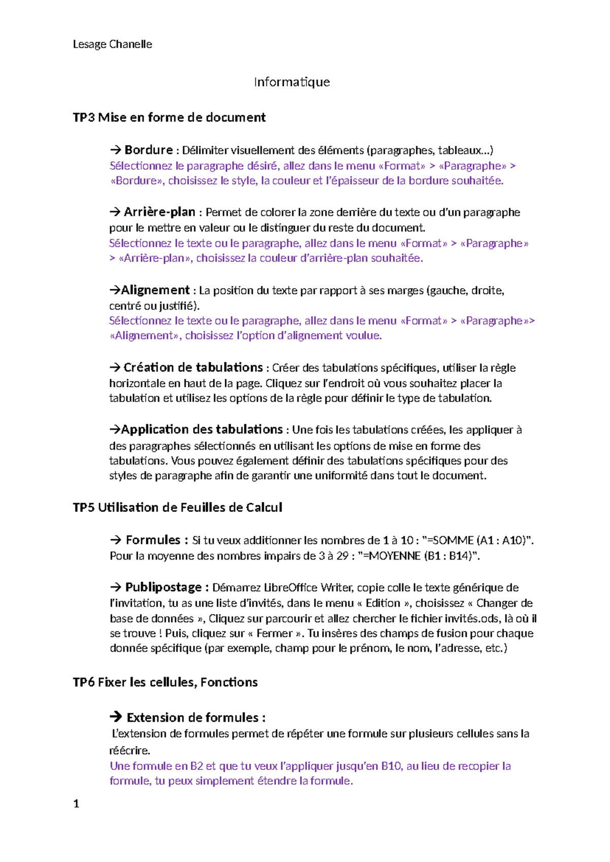 Informatique TP3 à TP7 : Mise en forme et Fonctions de Calcul - Studocu