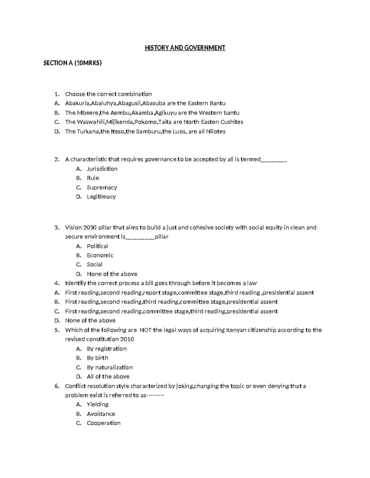 HISTORY AND GOVERNMENT END TERM EXAM APRIL 2025 (70 MARKS) - Studocu
